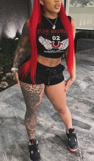 ALDS467-Printed Crop Tank Top & Shorts Set