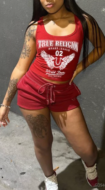 ALDS467-Printed Crop Tank Top & Shorts Set