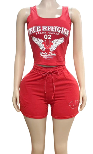 ALDS467-Printed Crop Tank Top & Shorts Set