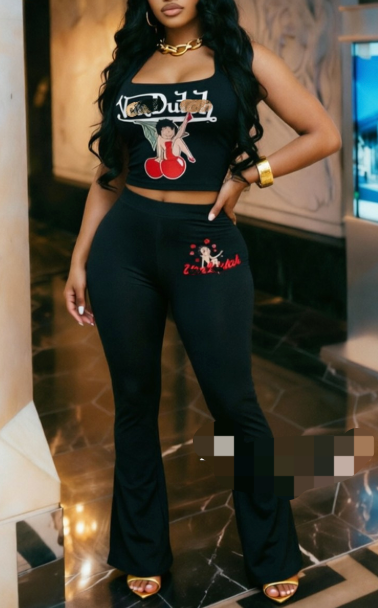 ALGS204-Graphic Print Crop Top And Pants Set