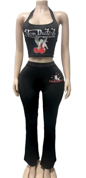 ALGS204-Graphic Print Crop Top And Pants Set