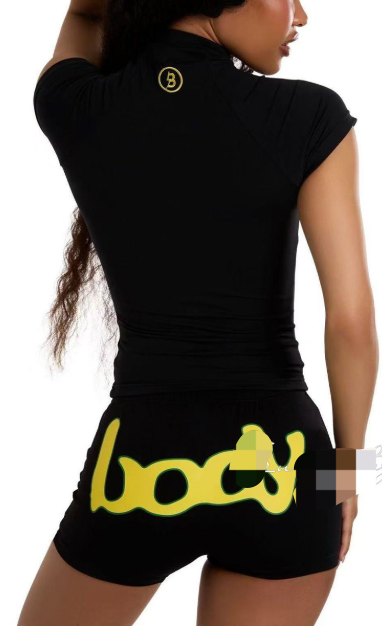 ALGS197-Letter Print Bodycon Top & High-Waist Shorts Set