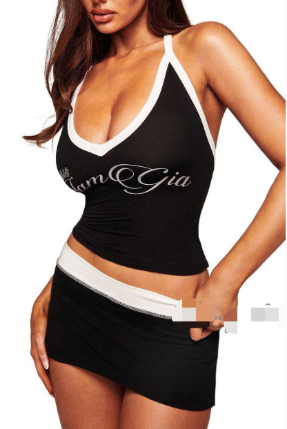 ALGS186-Letter Print Crop Top And Skort Set