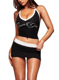 ALGS186-Letter Print Crop Top And Skort Set