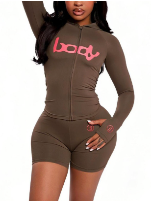ALGS157-Embroidered Letter Print Hoodie And Shorts Set