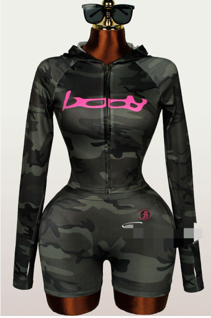 ALGS157-Embroidered Letter Print Hoodie And Shorts Set