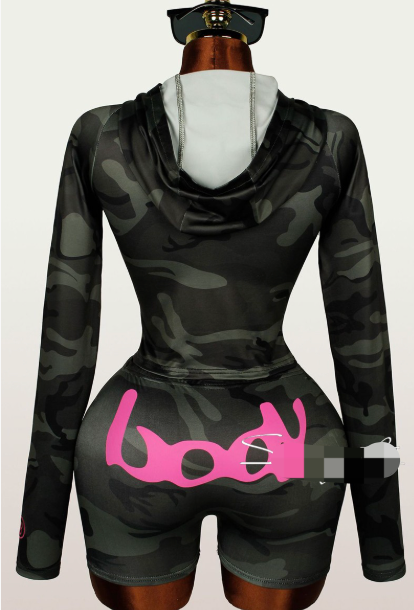 ALGS157-Embroidered Letter Print Hoodie And Shorts Set