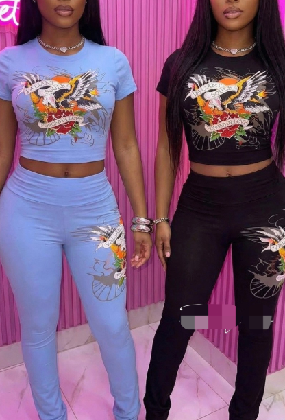 ALGS124-Graphic Rhinestone Crop Top And Pants Set