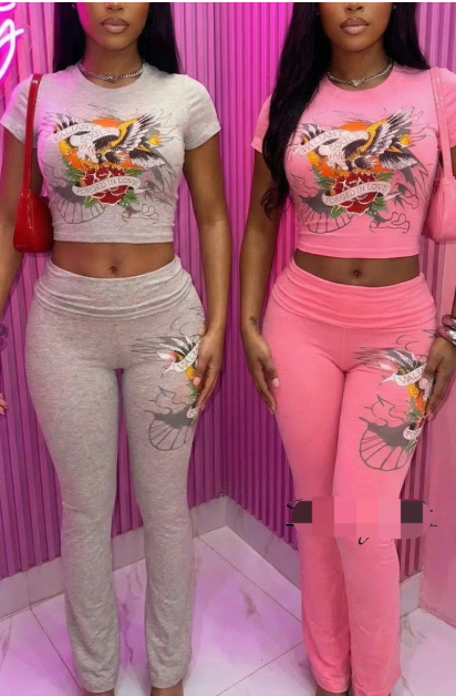 ALGS124-Graphic Rhinestone Crop Top And Pants Set