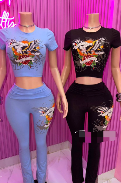 ALGS124-Graphic Rhinestone Crop Top And Pants Set
