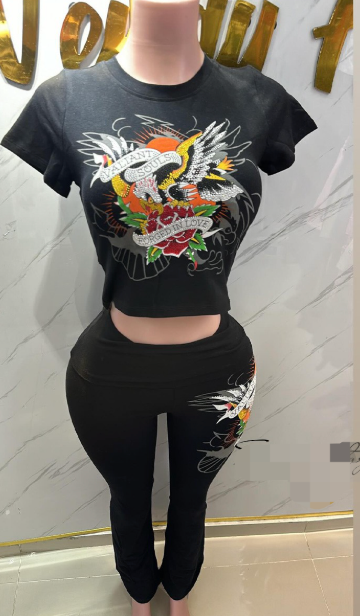 ALGS124-Graphic Rhinestone Crop Top And Pants Set