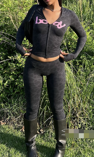 ALDS513-Leopard Print Hoodie Tracksuit Set