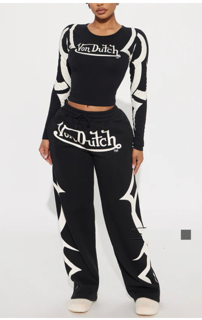 ALES300-Graphic Print Fitted Top & Jogger Set