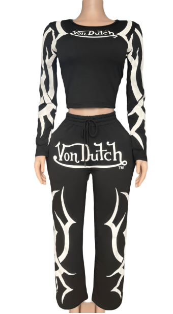 ALES300-Graphic Print Fitted Top & Jogger Set