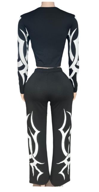ALES300-Graphic Print Fitted Top & Jogger Set