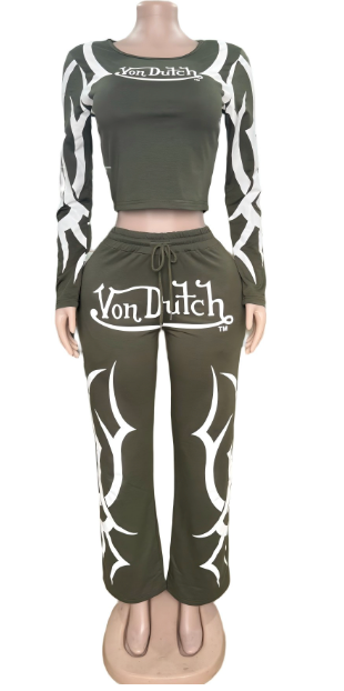 ALES300-Graphic Print Fitted Top & Jogger Set