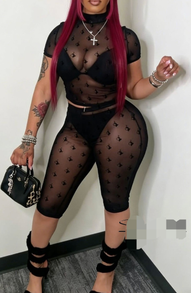 ALFS162-Flocked Mesh Crop Top & Capri Leggings Set