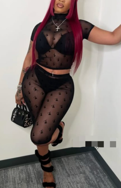 ALFS162-Flocked Mesh Crop Top & Capri Leggings Set