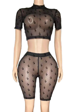ALFS162-Flocked Mesh Crop Top & Capri Leggings Set