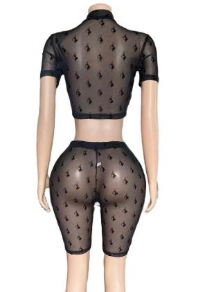 ALFS162-Flocked Mesh Crop Top & Capri Leggings Set