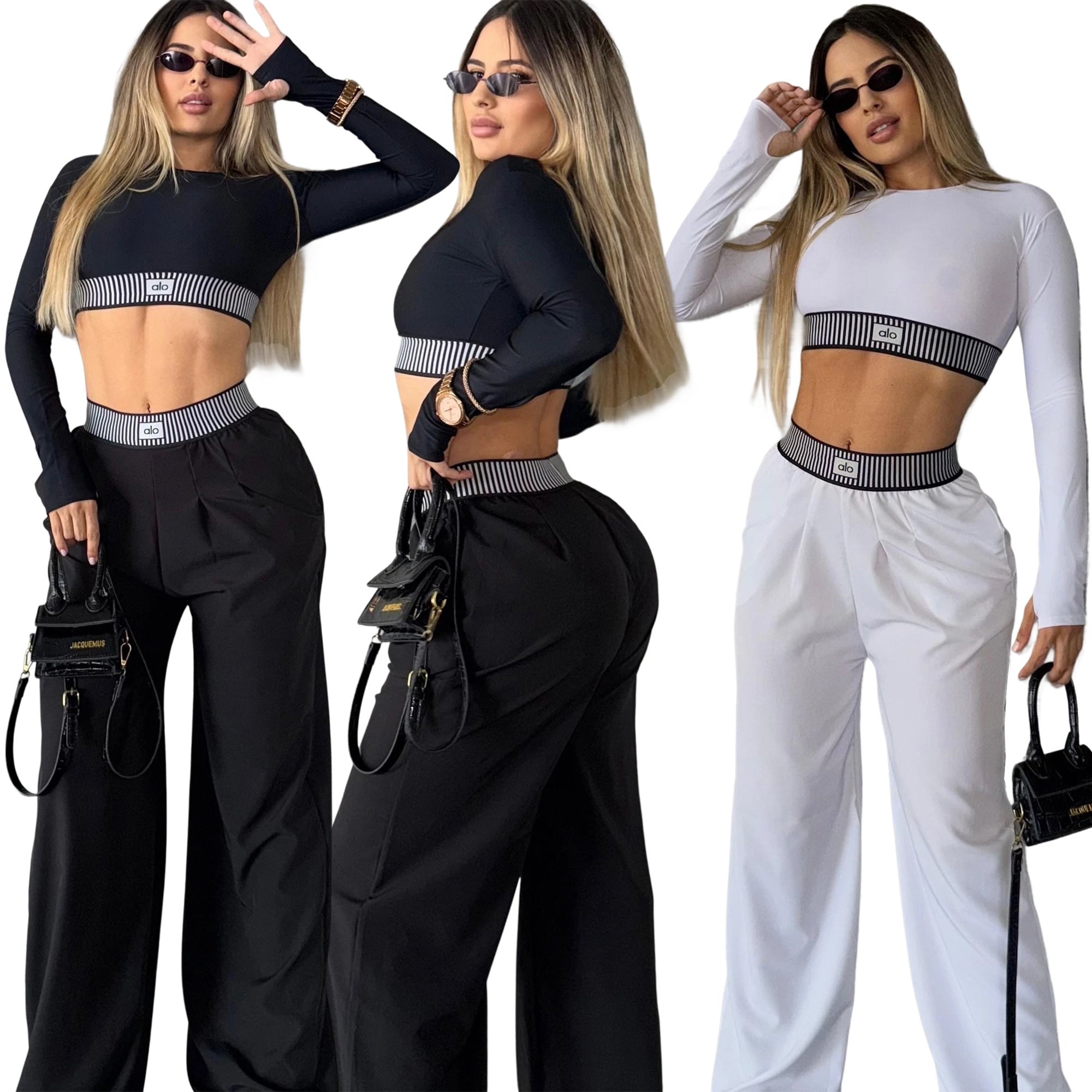 AL044-Long Sleeve Crop Top And Wide Leg Pants Set