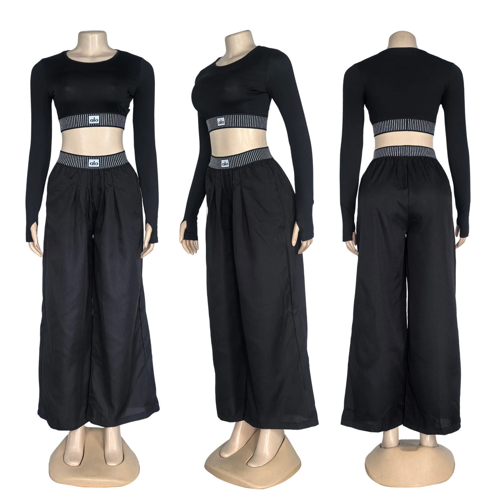 AL044-Long Sleeve Crop Top And Wide Leg Pants Set