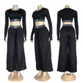 AL044-Long Sleeve Crop Top And Wide Leg Pants Set