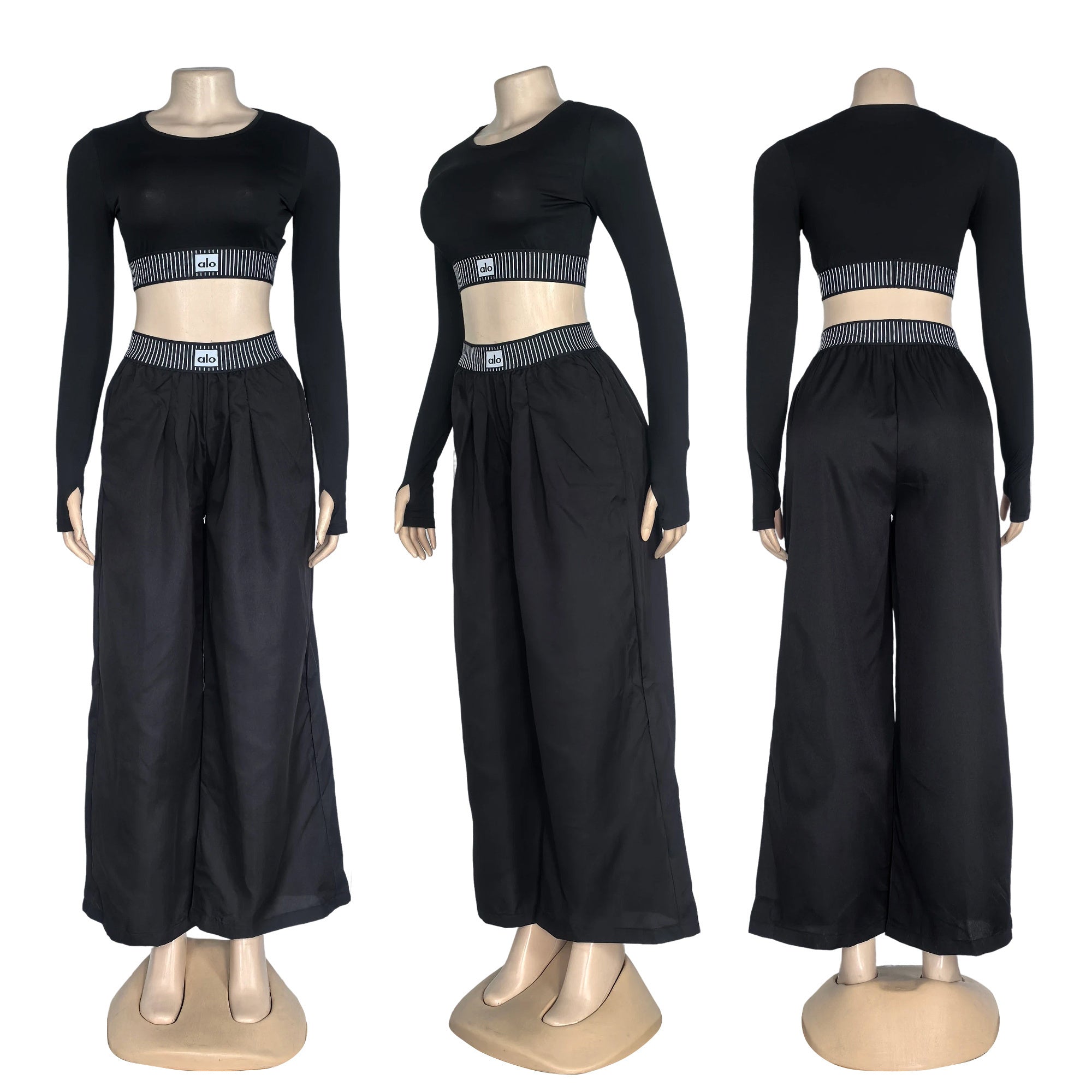 AL044-Long Sleeve Crop Top And Wide Leg Pants Set