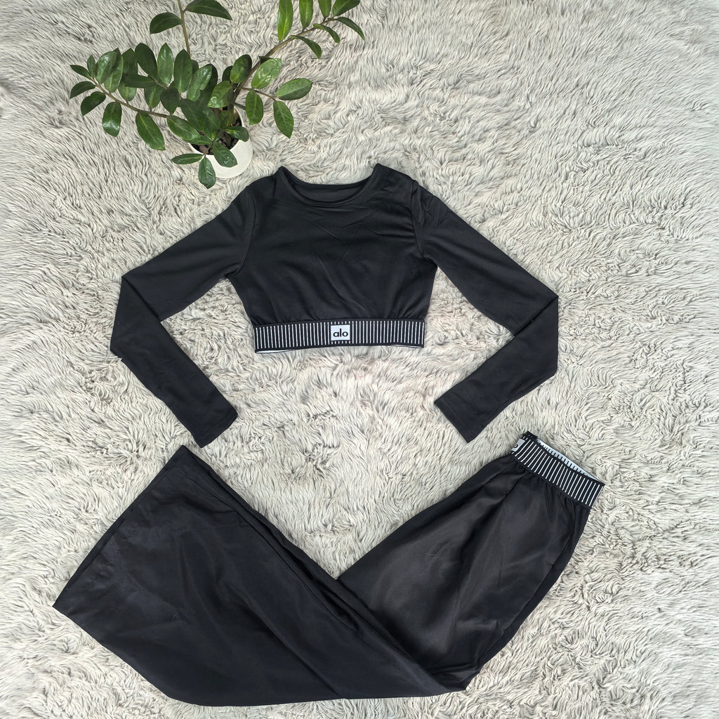 AL044-Long Sleeve Crop Top And Wide Leg Pants Set