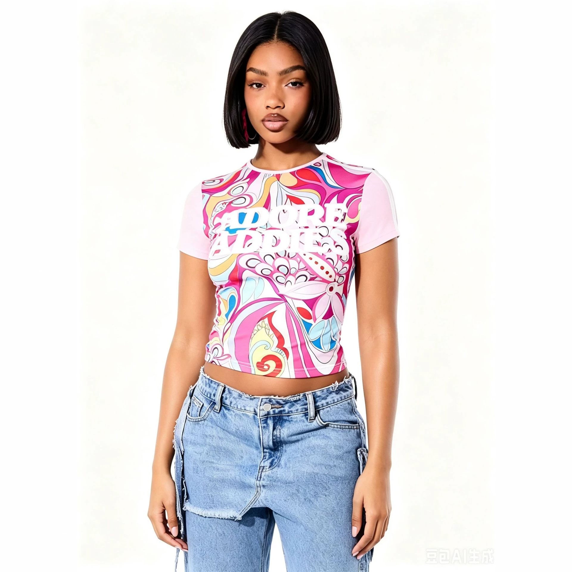 ALT214-Graphic Printed Short Sleeve Top