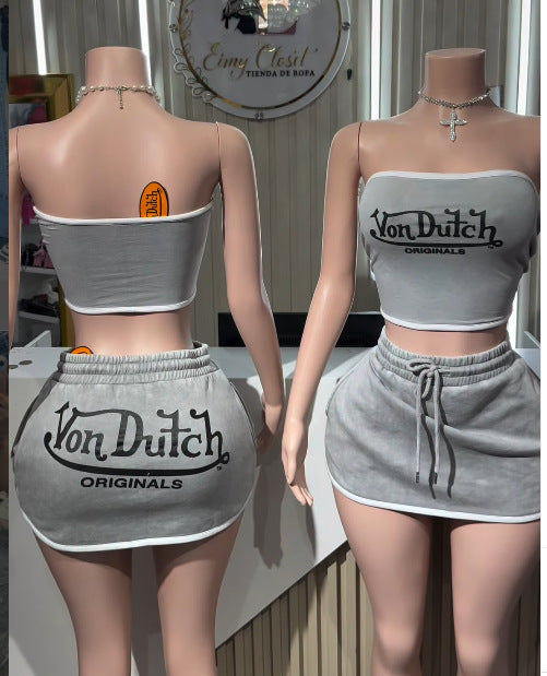 AL032-Letter Print Mini Skirt Set