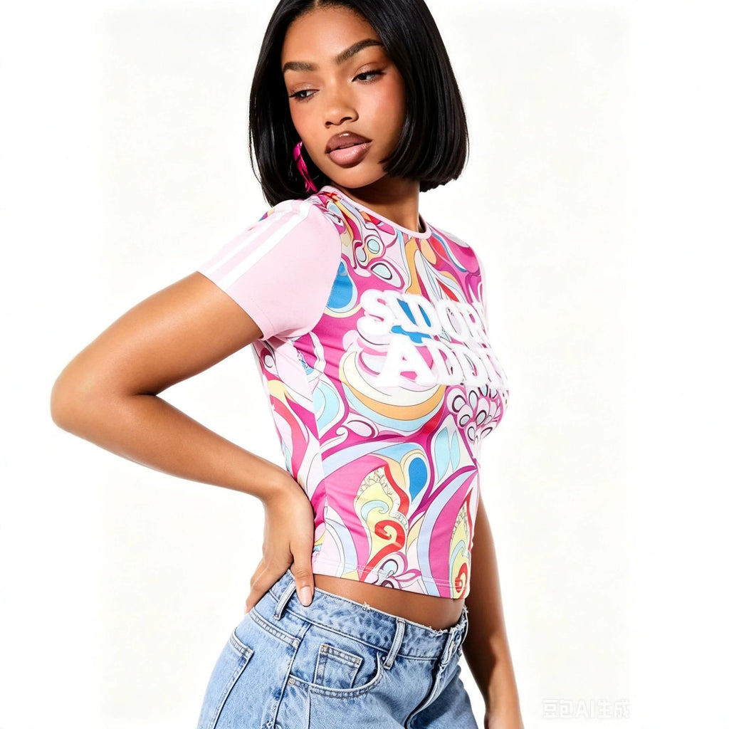 ALT214-Graphic Printed Short Sleeve Top