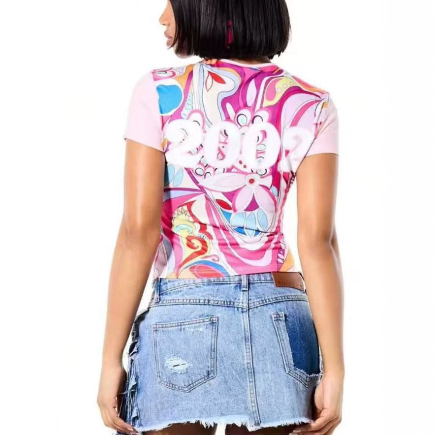 ALT214-Graphic Printed Short Sleeve Top