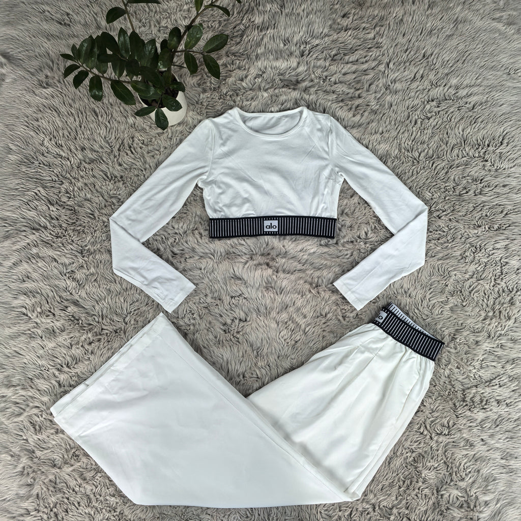 AL044-Long Sleeve Crop Top And Wide Leg Pants Set