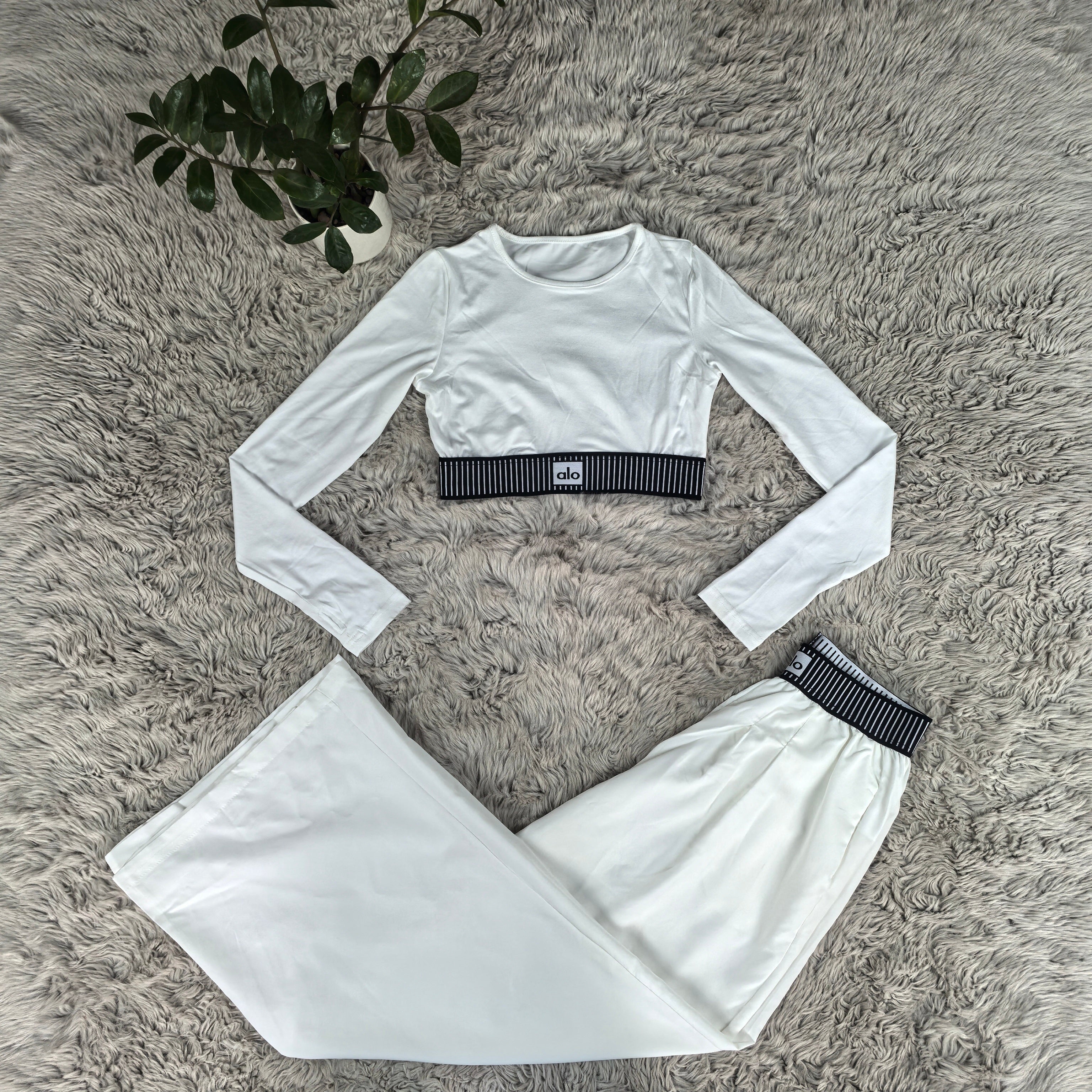 AL044-Long Sleeve Crop Top And Wide Leg Pants Set