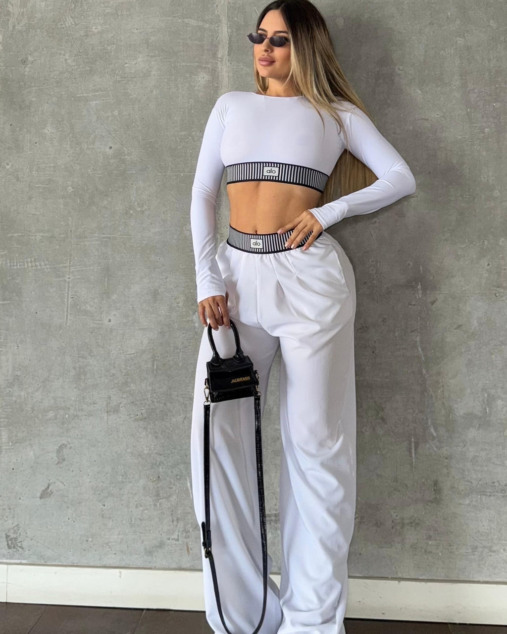 AL044-Long Sleeve Crop Top And Wide Leg Pants Set